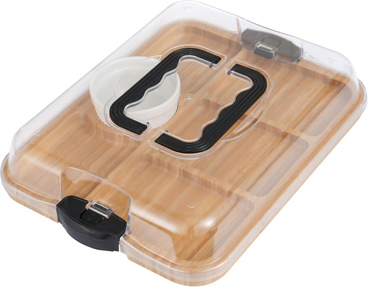 YANG Charcuterie Board with Lid, Divided Bamboo Serving Tray with Handle & Locking Lid, Portable Serving Platter for Party Outdoor Picnics Camping Gift Ready (6 Compartments,Rectangular)