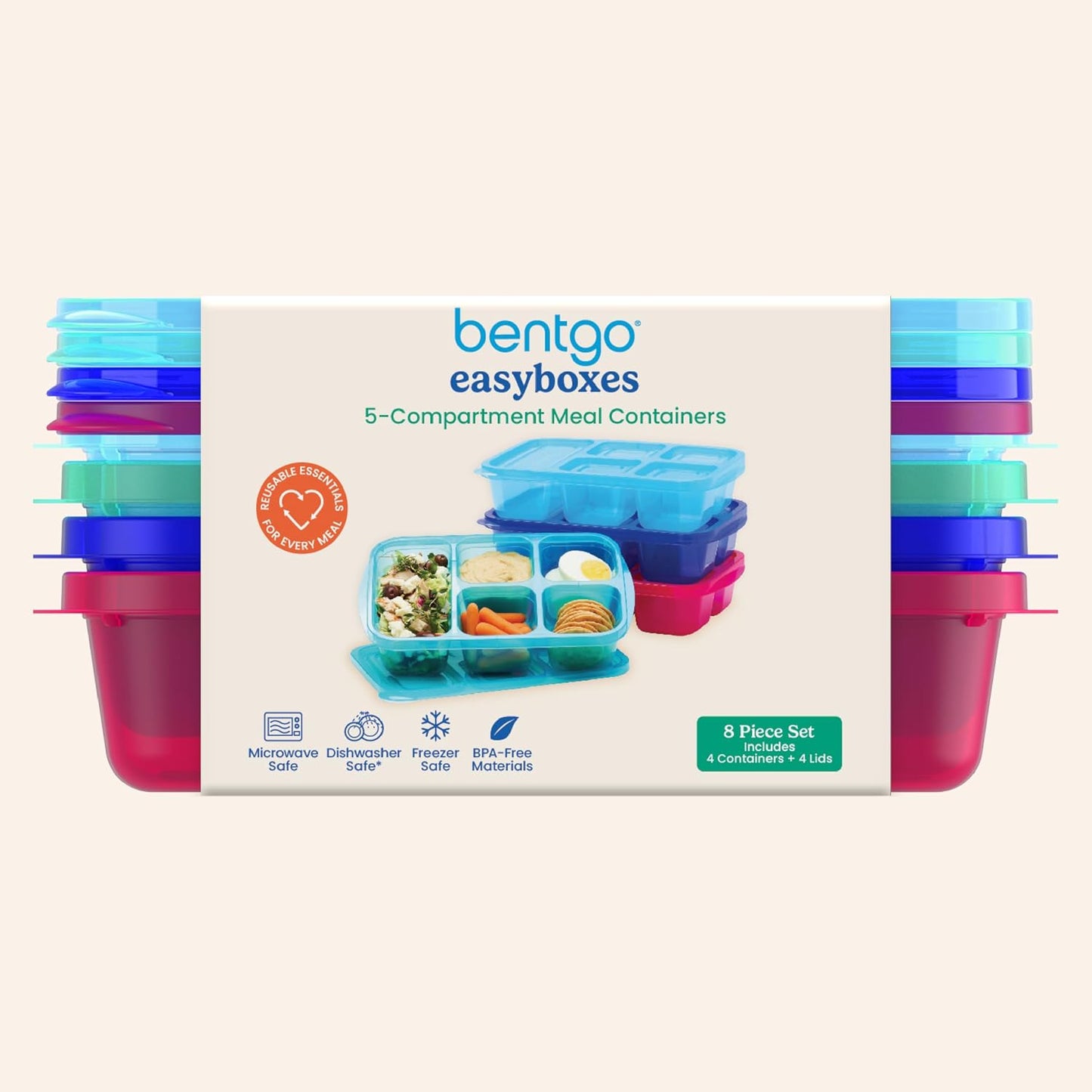 Bentgo Easyboxes - Reusable 5-Compartment Food Containers, Stackable 8-Piece Set, 4 Trays & 4 Lids, BPA-Free Food Storage for Meal Prep, School, & Work; Lunch Boxes with Patented Design (Classic)
