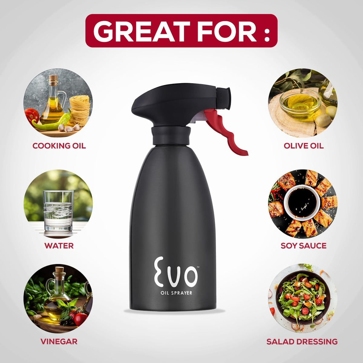 Evo Oil Sprayer 18/8 Stainless Steel, Non-Aerosol for Olive, Cooking Oils, and Vinegars, Silver, 16-Ounce Capacity