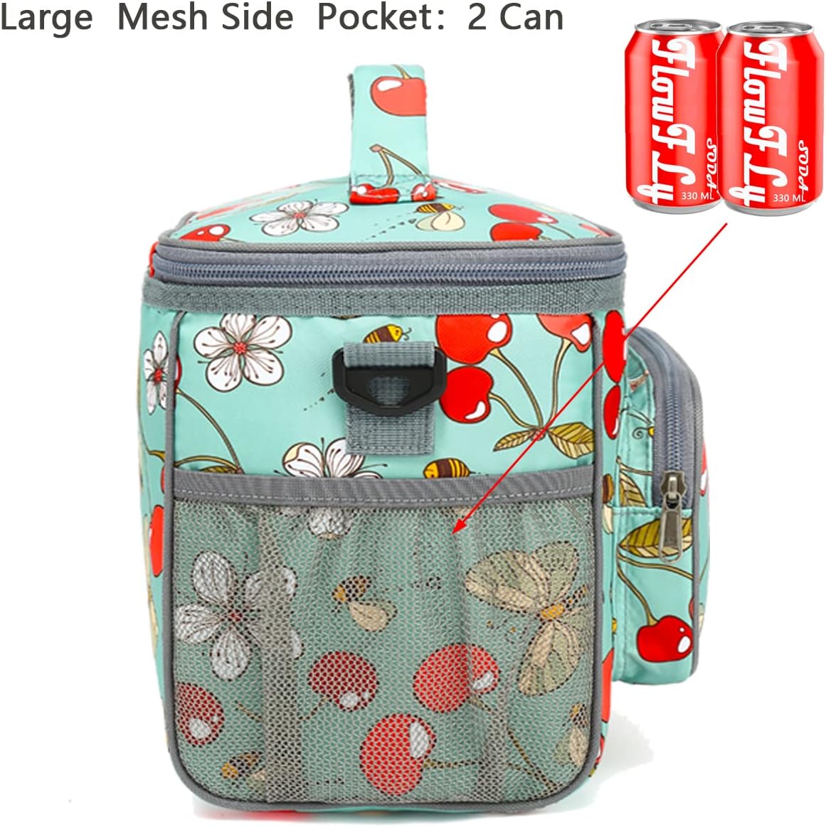 FlowFly Insulated Reusable Lunch Bag Adult Large Lunch Box for Women and Men with Adjustable Shoulder Strap,Front Zipper Pocket and Dual Large Mesh Side Pockets,Cherry - Colors A