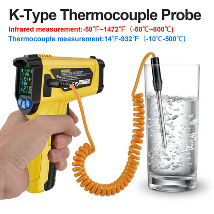 Infrared Thermometer Gun, Non Contact Digital Laser Thermometer Temperature Gun with Color LCD for Cooking, Home Repairs, Humidity Measurement, Adjustable Emissivity -58°F to 1472°F(-50~800°C)