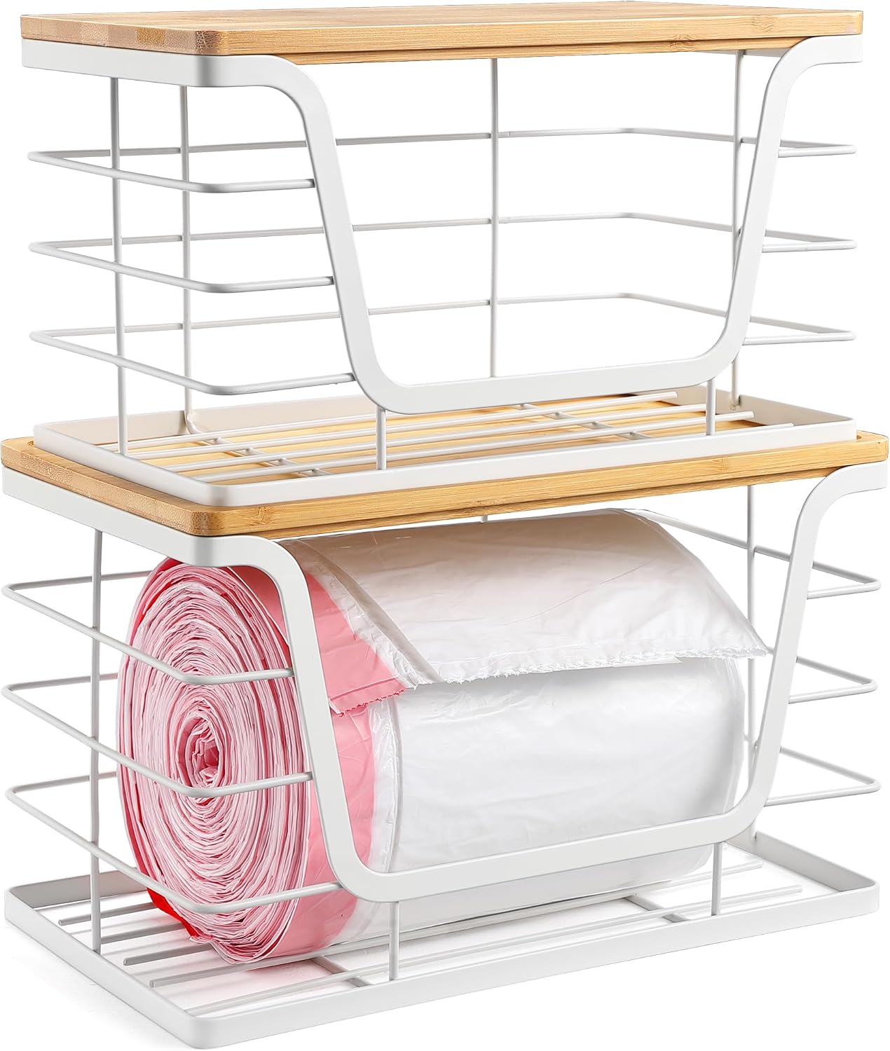 ALOCEO 2 Pack Stackable Wire Storage Basket with Bamboo Lid, Trash Bag Dispenser Under Sink for 4-13 Gal Bags, Kitchen Storage Bins for Potato and Onion, Brown