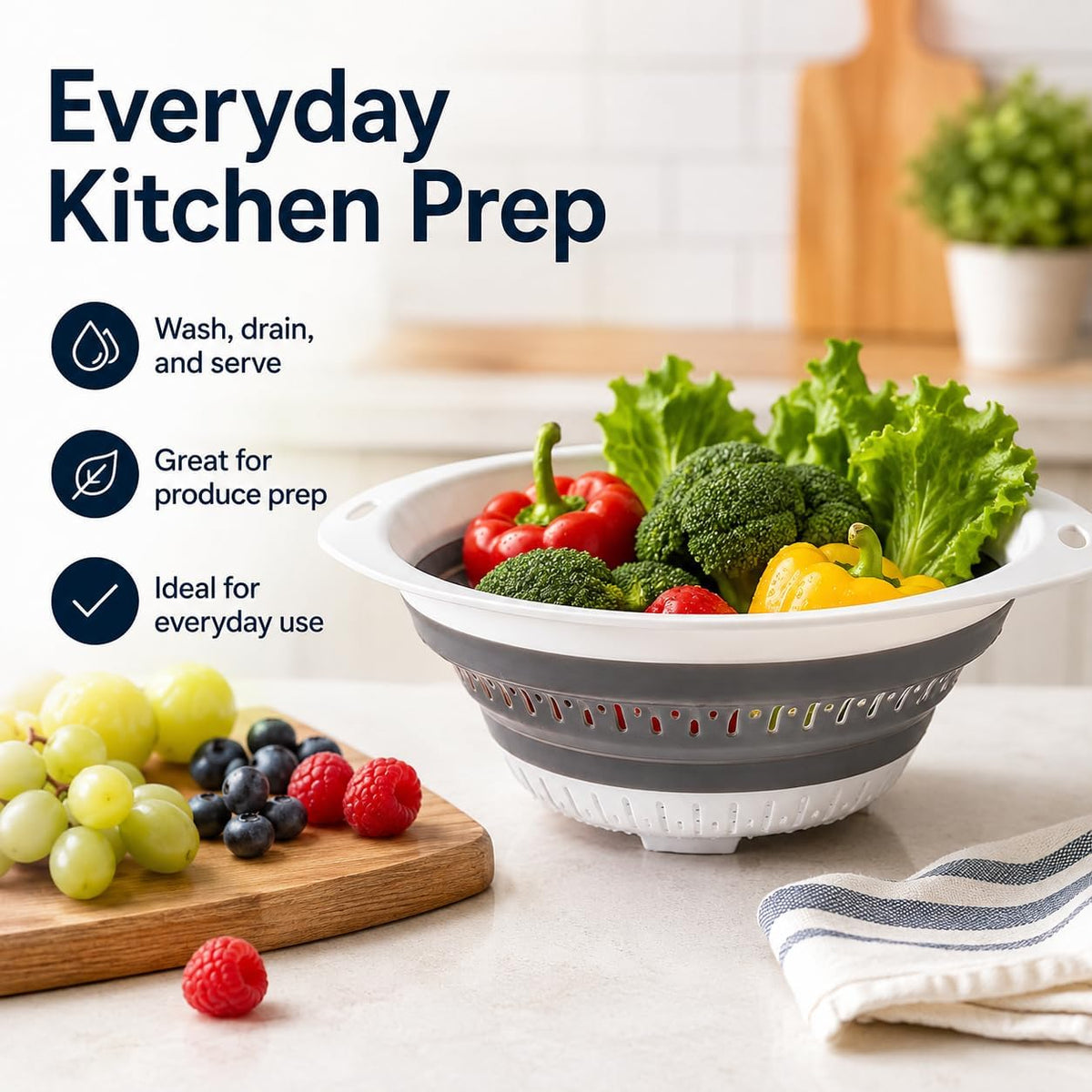 Collapsible Colander & Strainer, Space-Saving Silicone Basket, Round