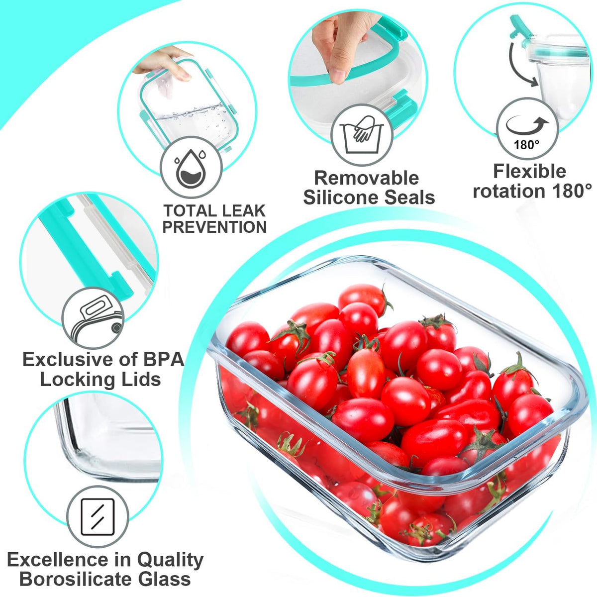 VERONES 5 Pack 36 OZ Glass Meal Prep Containers, Airtight Glass Lunch Containers Set, Glass Food Storage Containers with Lids,Exclusive of BPA, for Microwave, Oven, Freezer & Dishwasher Friendly,Grey