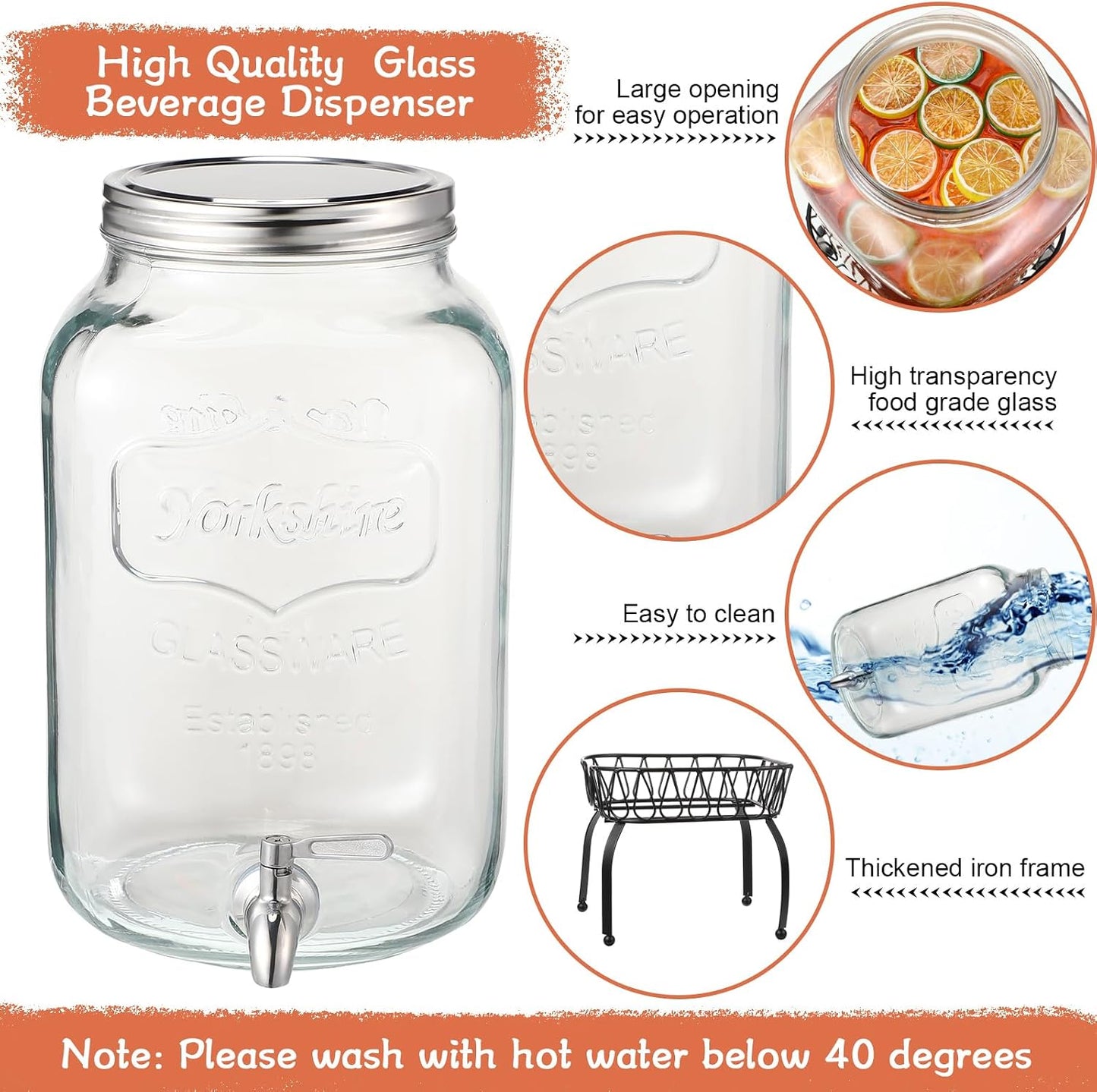 Sliner 2 Pack 2 Gallon Glass Drink Dispenser with Stand Glass Beverage Dispenser Water Juice Drink Containers for Parties with Stainless Steel Spigot Hanging Chalkboard(Stainless Steel)