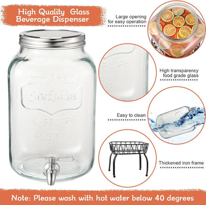 Sliner 2 Pack 2 Gallon Glass Drink Dispenser with Stand Glass Beverage Dispenser Water Juice Drink Containers for Parties with Stainless Steel Spigot Hanging Chalkboard(Stainless Steel)