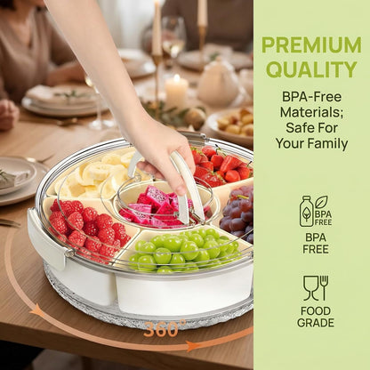 Divided Serving Tray with Lid & Handle, Portable Rotating Snackle Box, Clear Snack Spinner for Fruits, Snacks, Veggie & Charcuterie, Lazy Susan Organizer for Kitchen, Party, Travel & Picnic