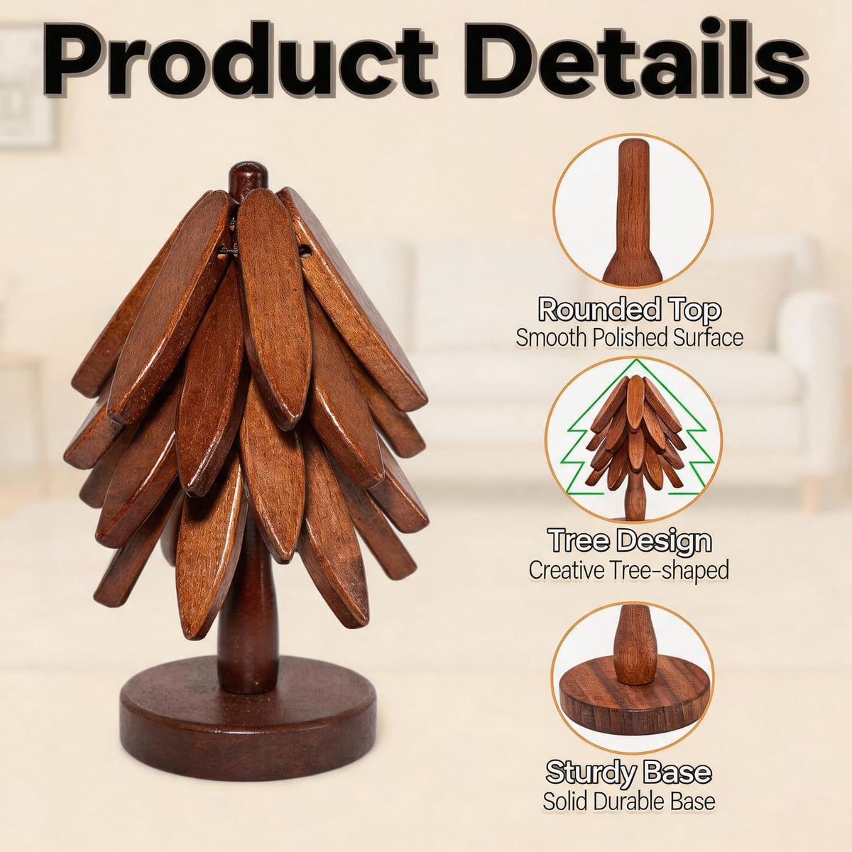 Wooden Tree Coasters Set, Black Walnut Tree Trivet for Hot Dishes, Foldable Stackable Trivets with Stand, Heat Resistant Decorative Coasters for Coffee Table, Kitchen, (Walnut)