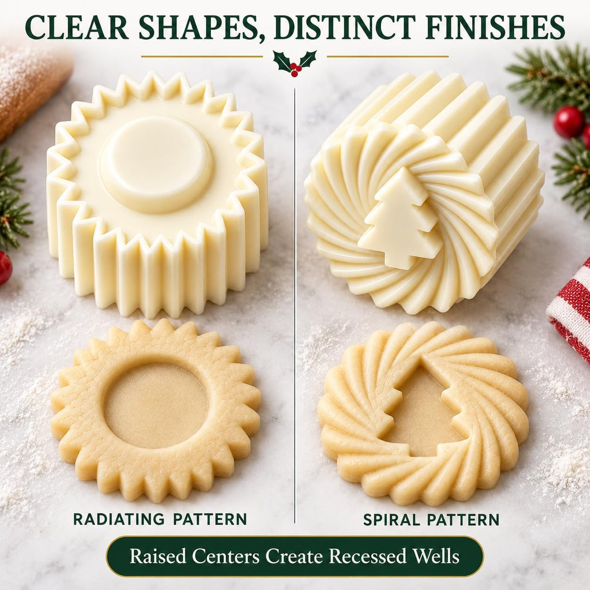 Christmas Tree Cookie Press, Double-Sided Pastry Mold Set, 2-Pack (Silver)