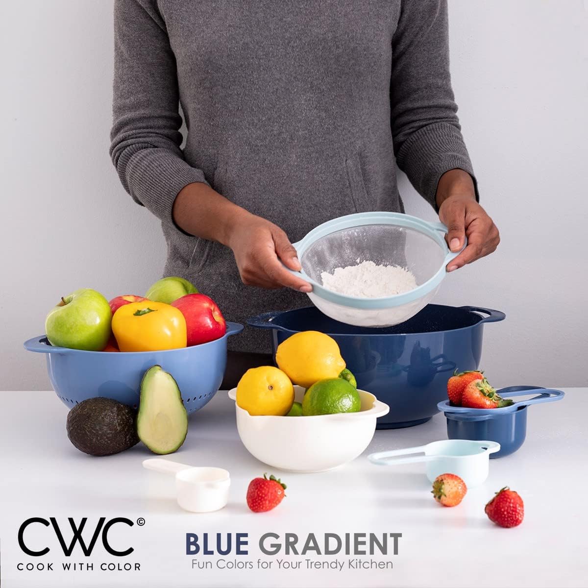 COOK WITH COLOR Nesting Bowls with Measuring Cups Colander and Sifter Set - Includes Mixing Bowls, Colander, Sifter and Measuring Cups, Navy, 8 Pc Bowl