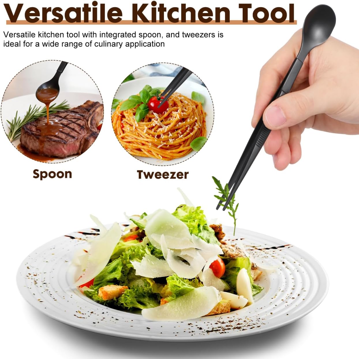 Tasting Spoon with Tweezer, 2 in 1 Stainless Steel Chef Spoon Serving Tongs, Professional Chef Tool for Cooking Plating Buffet Banquet Barbecue Grilling Appetizer, Multi