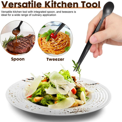 Tasting Spoon with Tweezer, 2 in 1 Stainless Steel Chef Spoon Serving Tongs, Professional Chef Tool for Cooking Plating Buffet Banquet Barbecue Grilling Appetizer, Multi