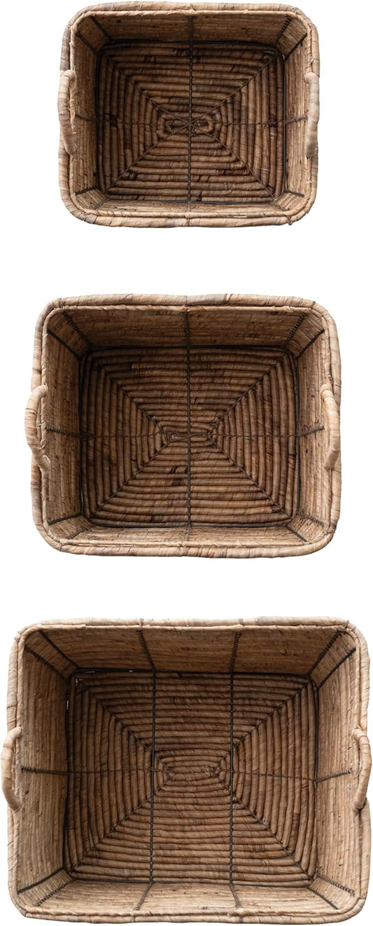 Creative Co-Op 3-Piece Hand-Woven Water Hyacinth Rectangle Storage Baskets with Handles, Natural
