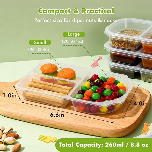 16 Sets 8.8 OZ Reusable Snack Containers with Lids, New 3-Compartment BPA-Free Portion Control Containers for Kids Lunch, Meal Prep & On-the-Go, Refrigerator & Microwave Safe with 10 Animal Forks