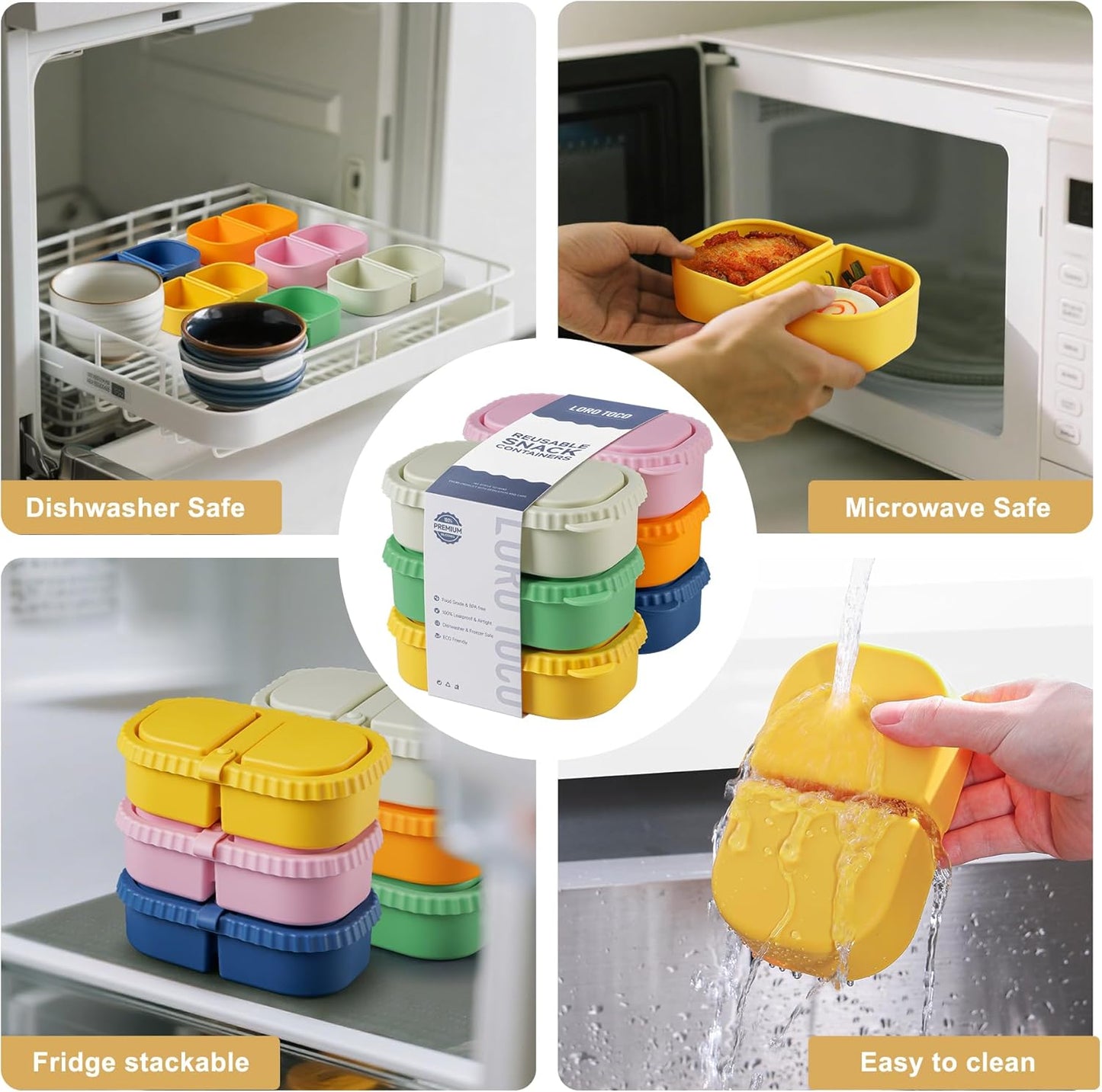Silicone Reusable Snack Containers with Lids, 4 Pack 3 Compartment Bento Snack Boxes, Leakproof Food Storage Containers for Meal Prep, Lunch, Fruits, Kids & Adults, Dishwasher Safe