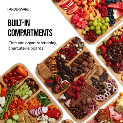 Farberware Build-A-Board Bamboo Cutting Board with Built-In Compartments & Clear Locking Lid, Black Handles, Charcuterie, Snack Tray, Food Prep and Serving Platter