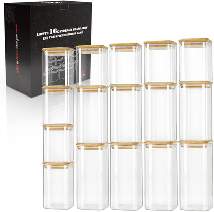 LIBWYS 12-Pack Square Glass Storage Jars with Bamboo Lids (0.6Qt/1.06Qt) - Stackable Food Containers for Pantry Organization, Coffee, Flour, Snacks, Tea | Kitchen Canisters Set