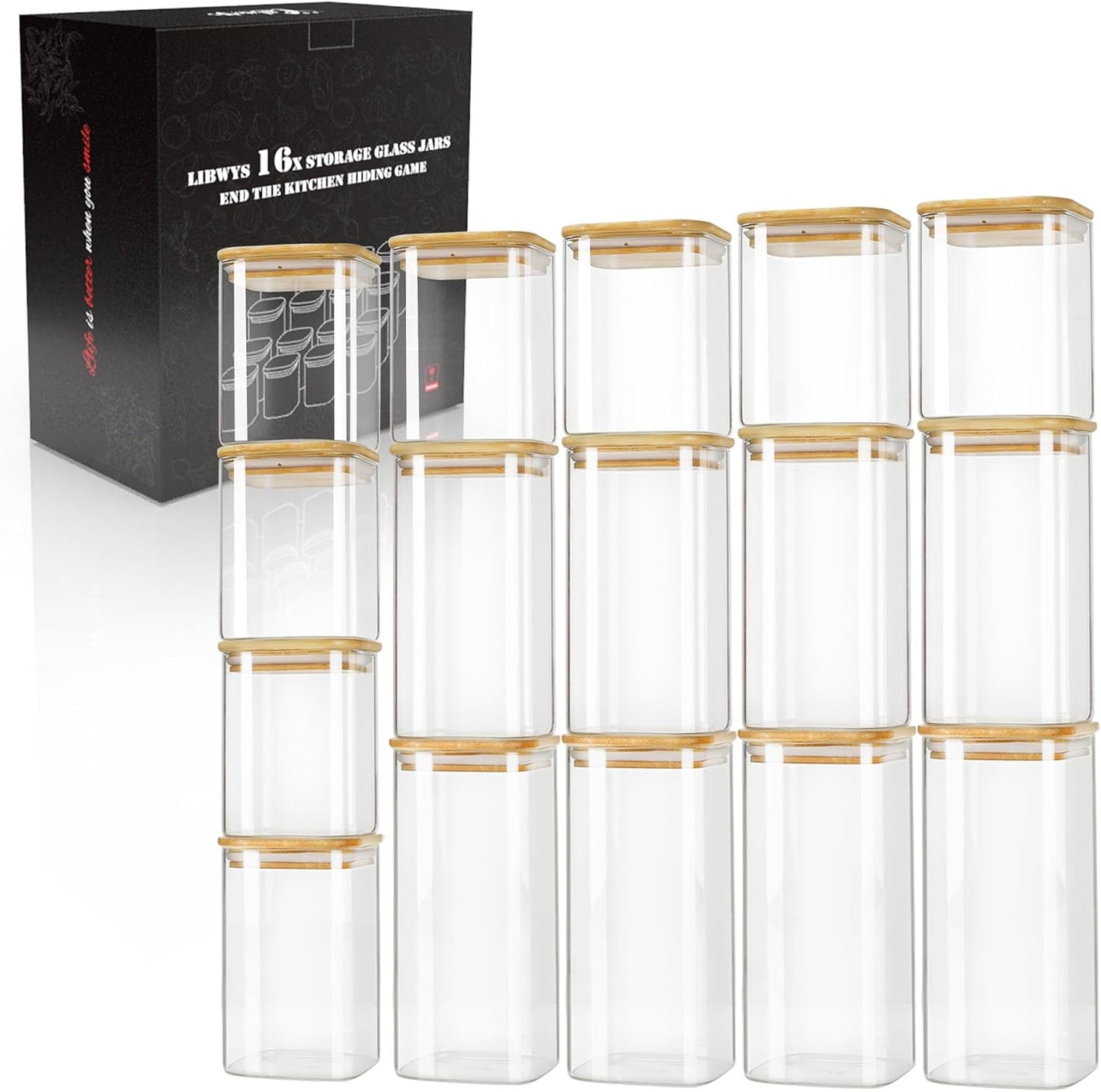 LIBWYS 12-Pack Square Glass Storage Jars with Bamboo Lids (0.6Qt/1.06Qt) - Stackable Food Containers for Pantry Organization, Coffee, Flour, Snacks, Tea | Kitchen Canisters Set