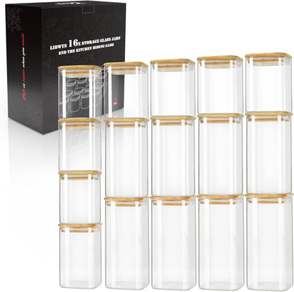 LIBWYS 12-Pack Square Glass Storage Jars with Bamboo Lids (0.6Qt/1.06Qt) - Stackable Food Containers for Pantry Organization, Coffee, Flour, Snacks, Tea | Kitchen Canisters Set