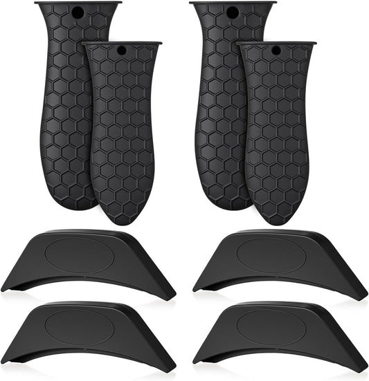 8 Pcs Silicone Pot Holders Set Cast Iron Handle Sleeve Heat Resistant Silicone Non-Slip Pot Handle Covers Small & Large Black for Cast Iron Skillets and Pans