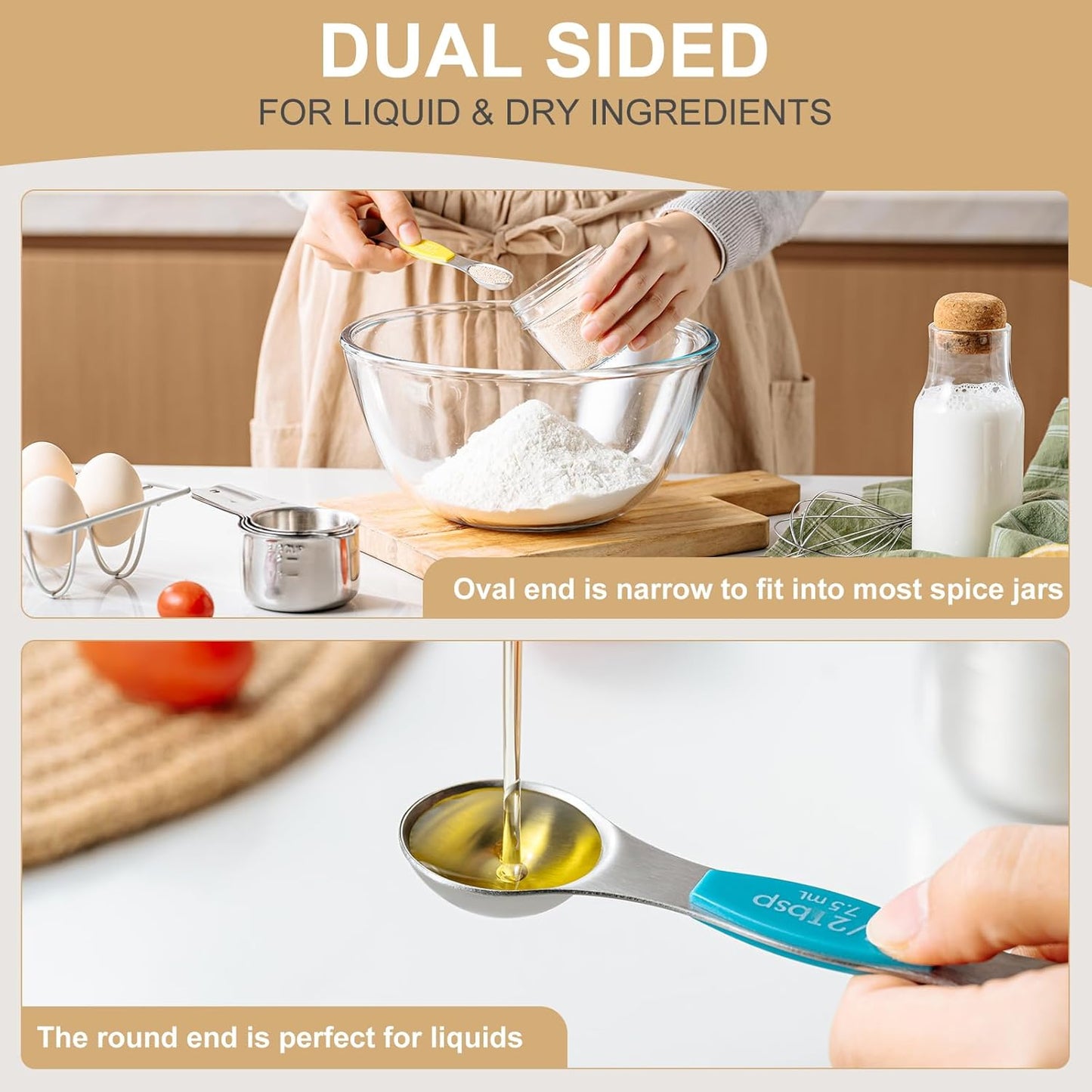 EWFEN Measuring Cups and Spoons Set, 7 Stainless Steel Nesting Measuring Cups & 7 Spoons, 5 Mini Measuring Spoons & 2 Detachable Rings, Kitchen Gadgets for Cooking & Baking, Round