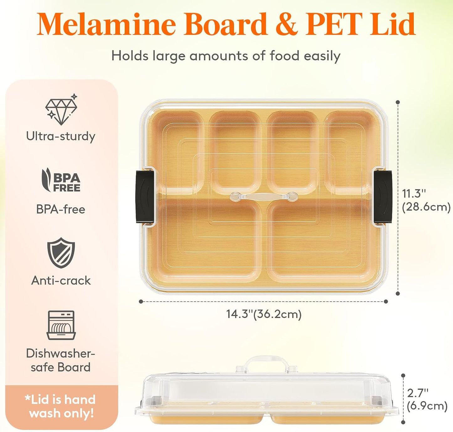 Lifewit 1 Compartment Melamine Charcuterie Board, 11 x 14 Inch Portable Cheese Board with Plastic Lockable Clear Lid, Travel Charcuterie Board Serving Platter with Cover for Snacks, Fruit, Appetizers