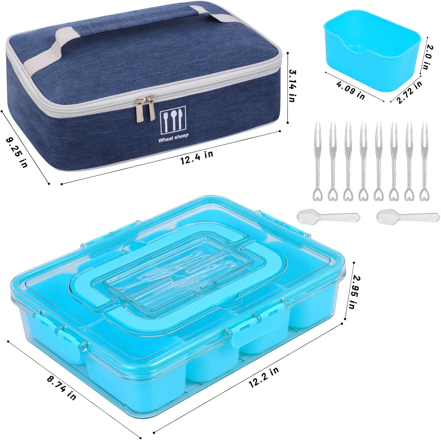 Snack Box Container with Insulated Cooler Bag, Divided Serving Tray with Lid and Handle Beach Essentials, Snackle Box Veggie Fruit Tray with 8 Compartments & 8 Forks & 2 Spoon