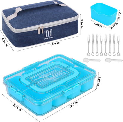 Snack Box Container with Insulated Cooler Bag, Divided Serving Tray with Lid and Handle Beach Essentials, Snackle Box Veggie Fruit Tray with 8 Compartments & 8 Forks & 2 Spoon