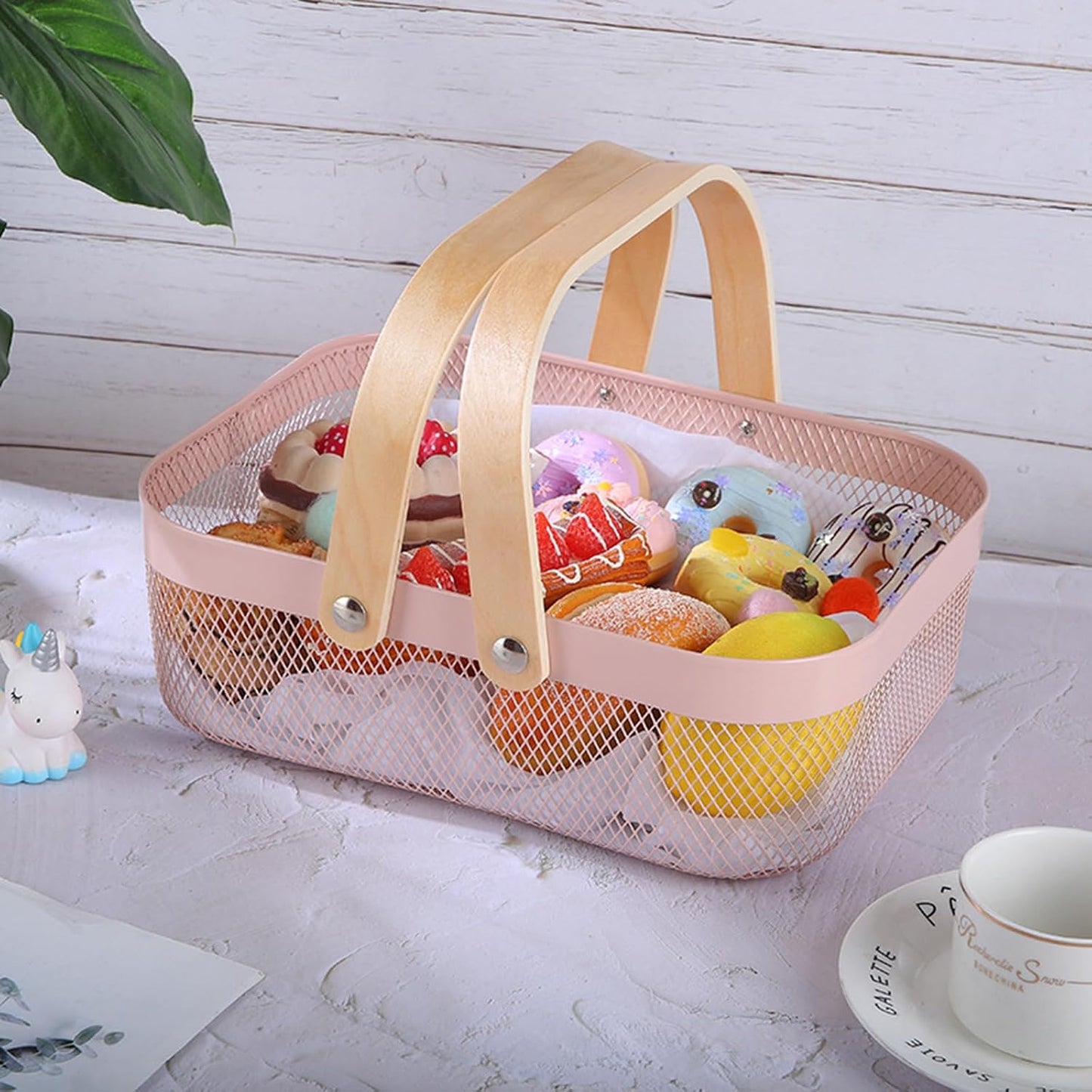 AJIODA Metal Mesh Steel Basket, Storage Organizer Basket Garden Harvest Basket Multi-functional Kitchen Fruit Baskets Bin with Wooden Handle for Bathroom Picnic Shopping Decor Cabinet Home, Pink