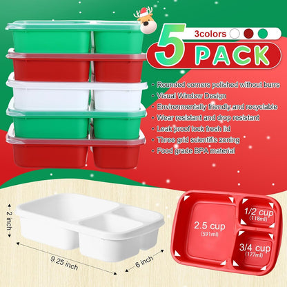 Honeydak 5 Pack Snack Containers 3 Compartment Bento Snack Boxes Divided Meal Prep Containers with Lids Reusable Adults Lunch Food Storage Box for School Work Travel(Elderberry)