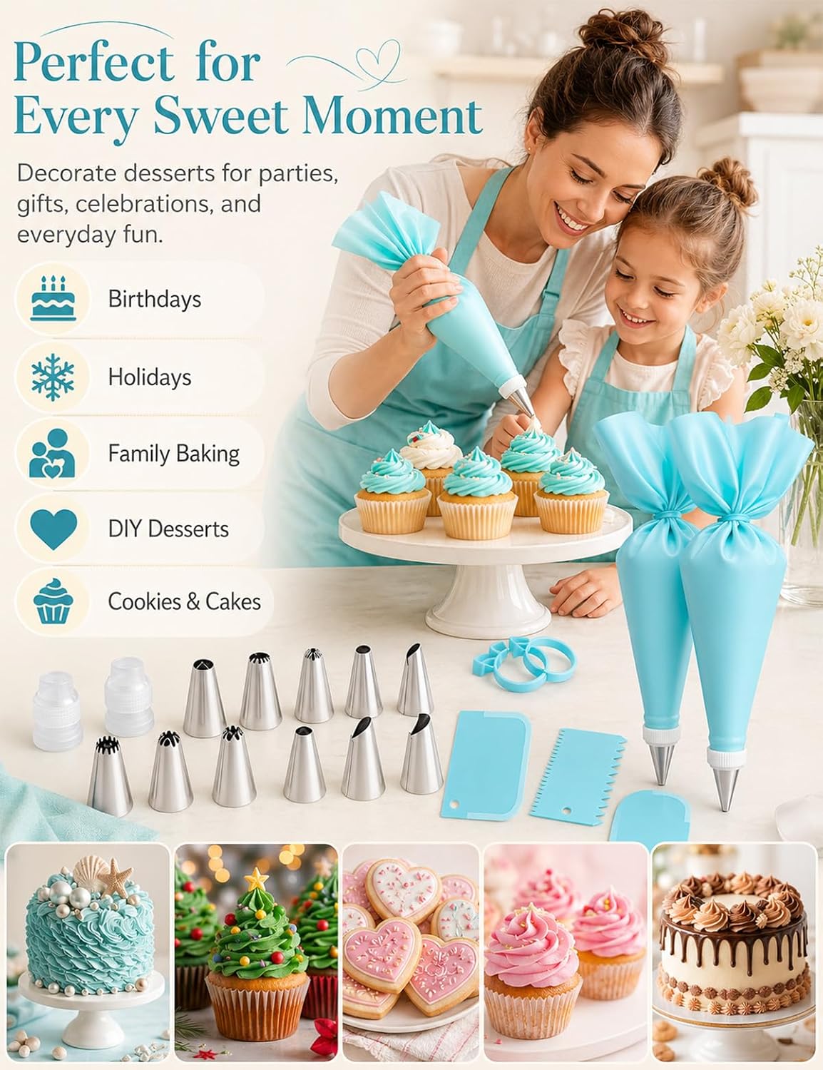 Reusable Piping Bags and Tips Set, 21-Piece Cake and Cupcake Decorating Kit