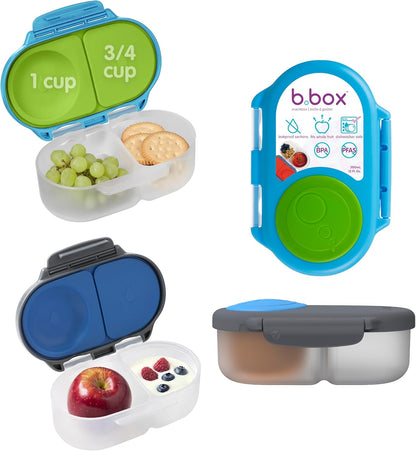 b.box Snack Box 2-Pack - Leak Proof Mini Bento Box for Kids & Toddlers, 2 Compartment Snack Containers for Kids, Dishwasher Safe, BPA-Free, PFAS-Free, Ages 4mo+, 1 3/4 Cup Each (Strawberry + Lilac)