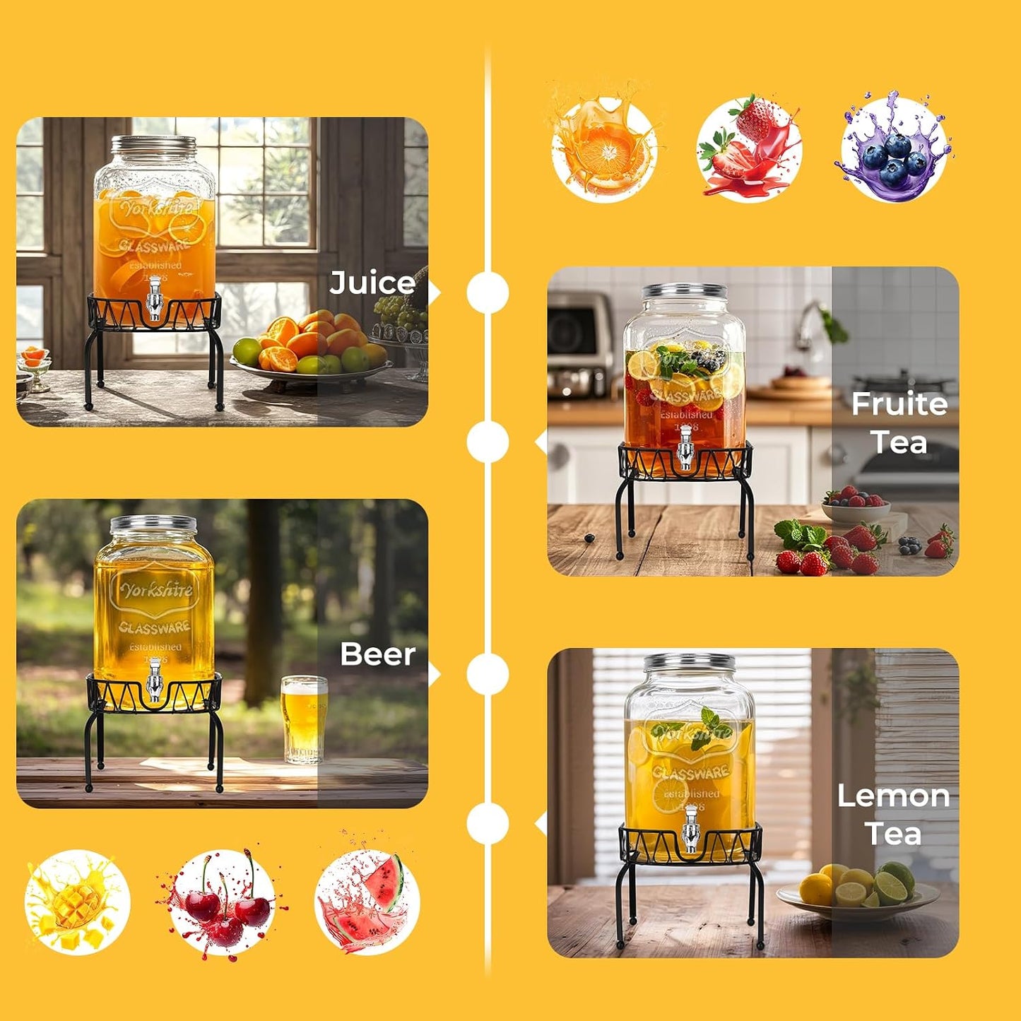 Glass Beverage Dispenser with Stand and Lid, One Pack-2 Gallon with Spigot - Glass Drink Dispensers for Parties, Wedding, Ideal for Juice, Beer, Ice Tea