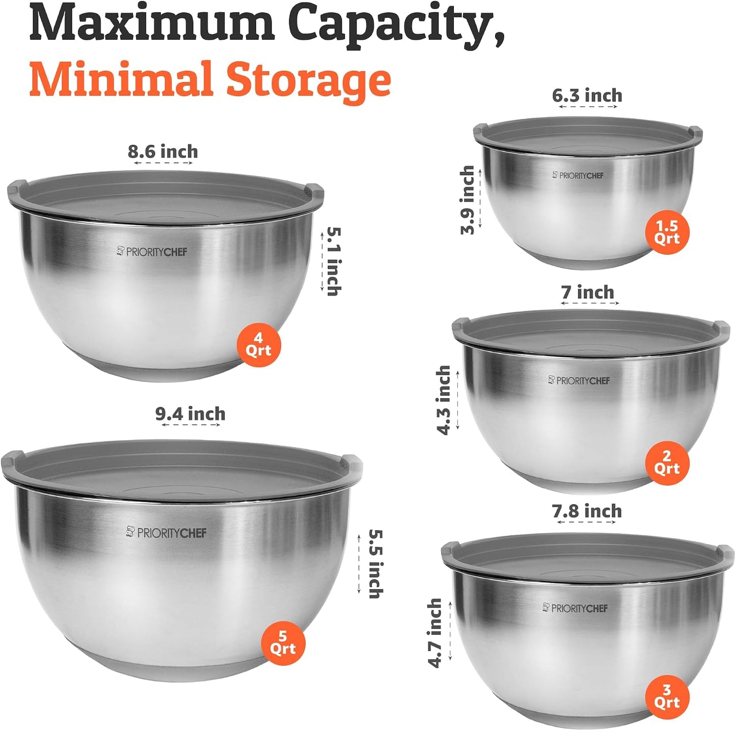 Priority Chef Premium Mixing Bowls With Lids Set, Airtight Lids, Thicker Stainless Steel, Non-Slip Base, 5 Nesting Steel Bowls for Kitchen, Large Prep Metal Bowl Set 1.5/2/3/4/5 Qt, Black
