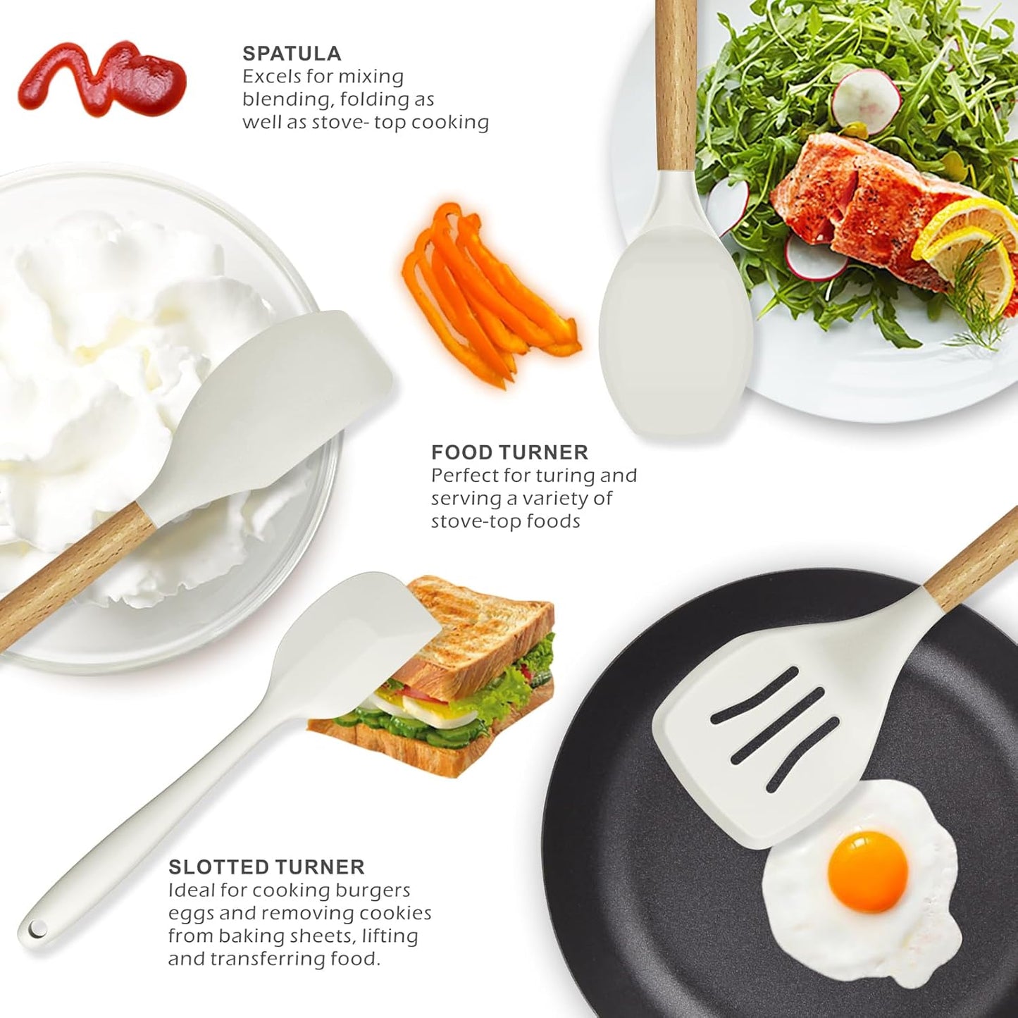 oannao Silicone Cooking Utensils Set - 446°F Heat Resistant Silicone Kitchen Utensils for Cooking,Kitchen Utensil Spatula Set w Wooden Handles, BPA FREE Gadgets for Non-Stick Cookware (Khaki)
