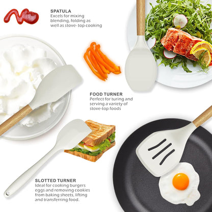 oannao Silicone Cooking Utensils Set - 446°F Heat Resistant Silicone Kitchen Utensils for Cooking,Kitchen Utensil Spatula Set w Wooden Handles, BPA FREE Gadgets for Non-Stick Cookware (Khaki)