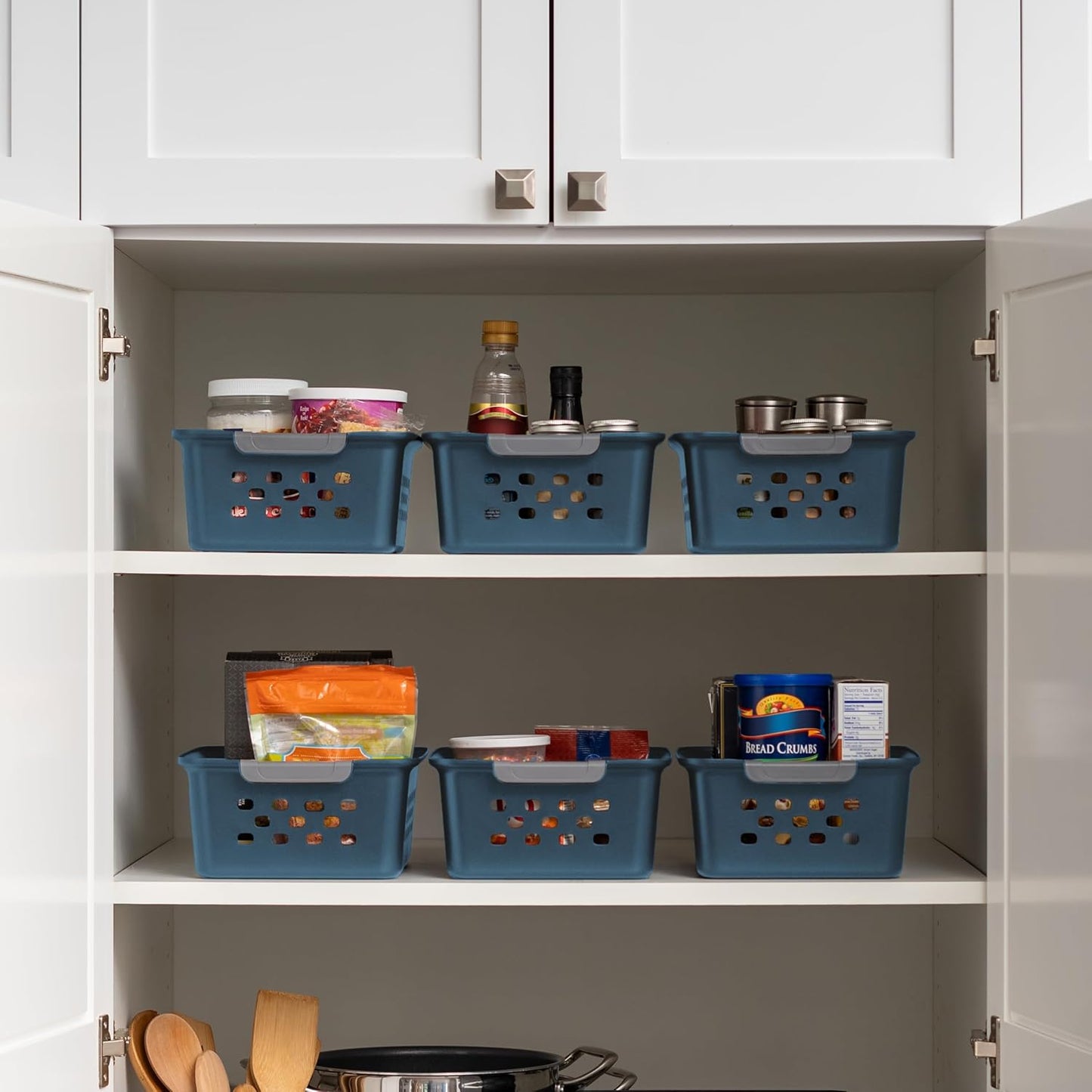 IRIS USA Plastic Storage Baskets, 6-Pack, Made in USA, Shelf Baskets Small Baskets Organizing Bins for Pantry Countertops Closet Shelves Laundry Room Office, Multi-Purpose, Nestable, Easy Carry, Black