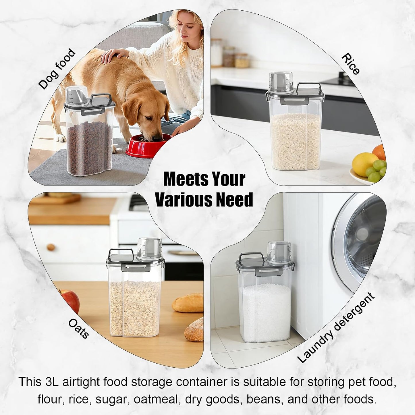 LEAWALK Airtight Small Cat Dog Pet Food Storage Containers BPA Free, with Large Pour Spout/1 Measuring Cup/ 4 Safety Locks and Double-layer Silicone Strip (Olive Gray x 2, 3L-2pack)