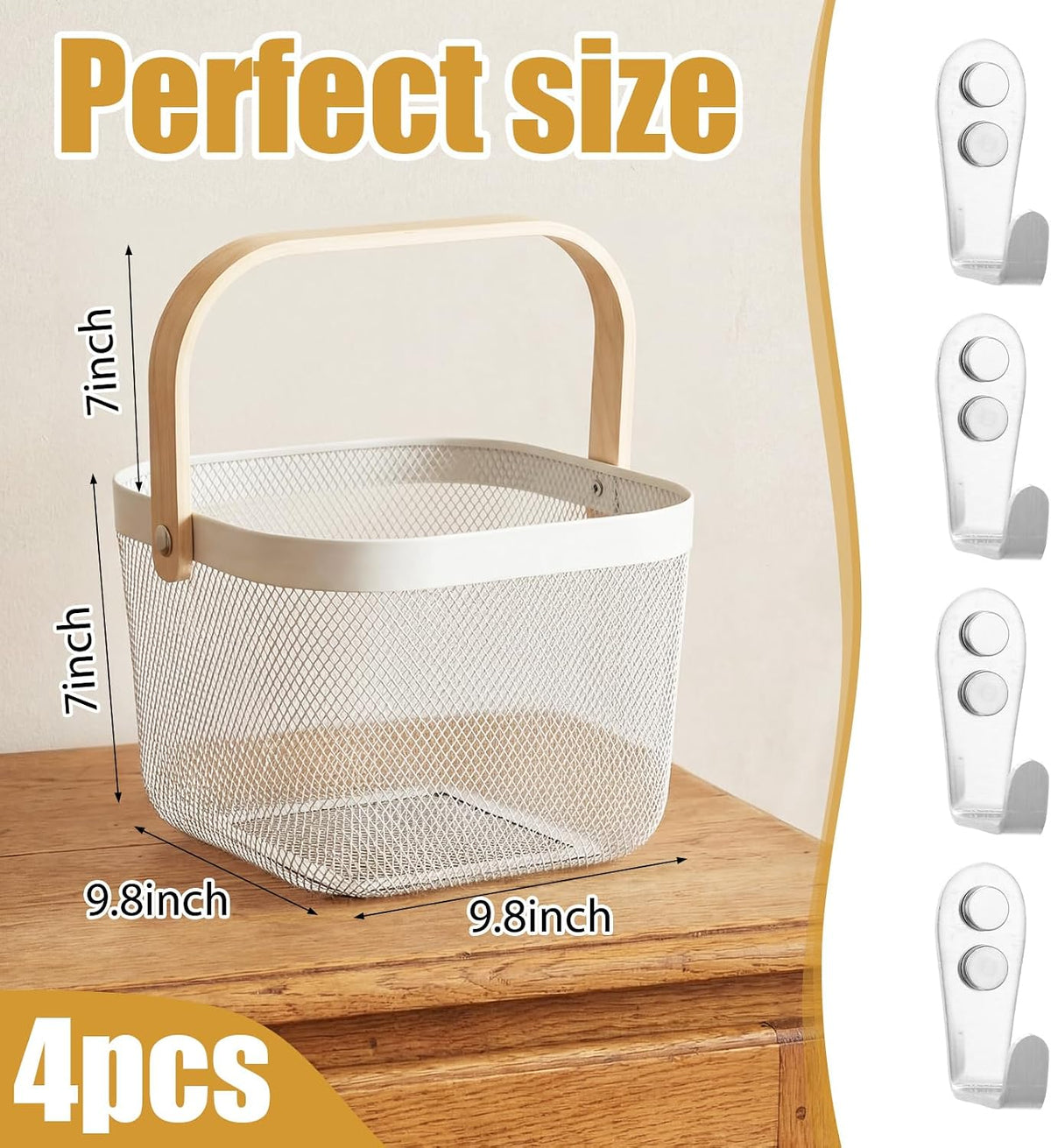 Maxdot 4 Pack Metal Mesh Basket with Wooden Handle White Square Wire Storage Organizer Basket Multi-functional Hanging for Kitchen Pantry Shelves Bathroom Counter Organizer