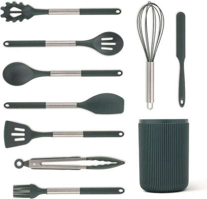 10-Piece Silicone Kitchen Utensil Set with Holder, High Heat Resistant & Nonstick Safe, Dishwasher Safe - Green