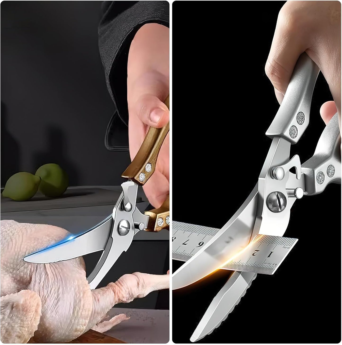 Zicolu Poultry Shears Heavy Duty Professional, Multipurpose Kitchen Shears with Sheath, Spring-Loaded Stainless Steel Chef Scissors Cutting Bone, Chicken, Fish, Food, Meat, Full Steel Handle Silver