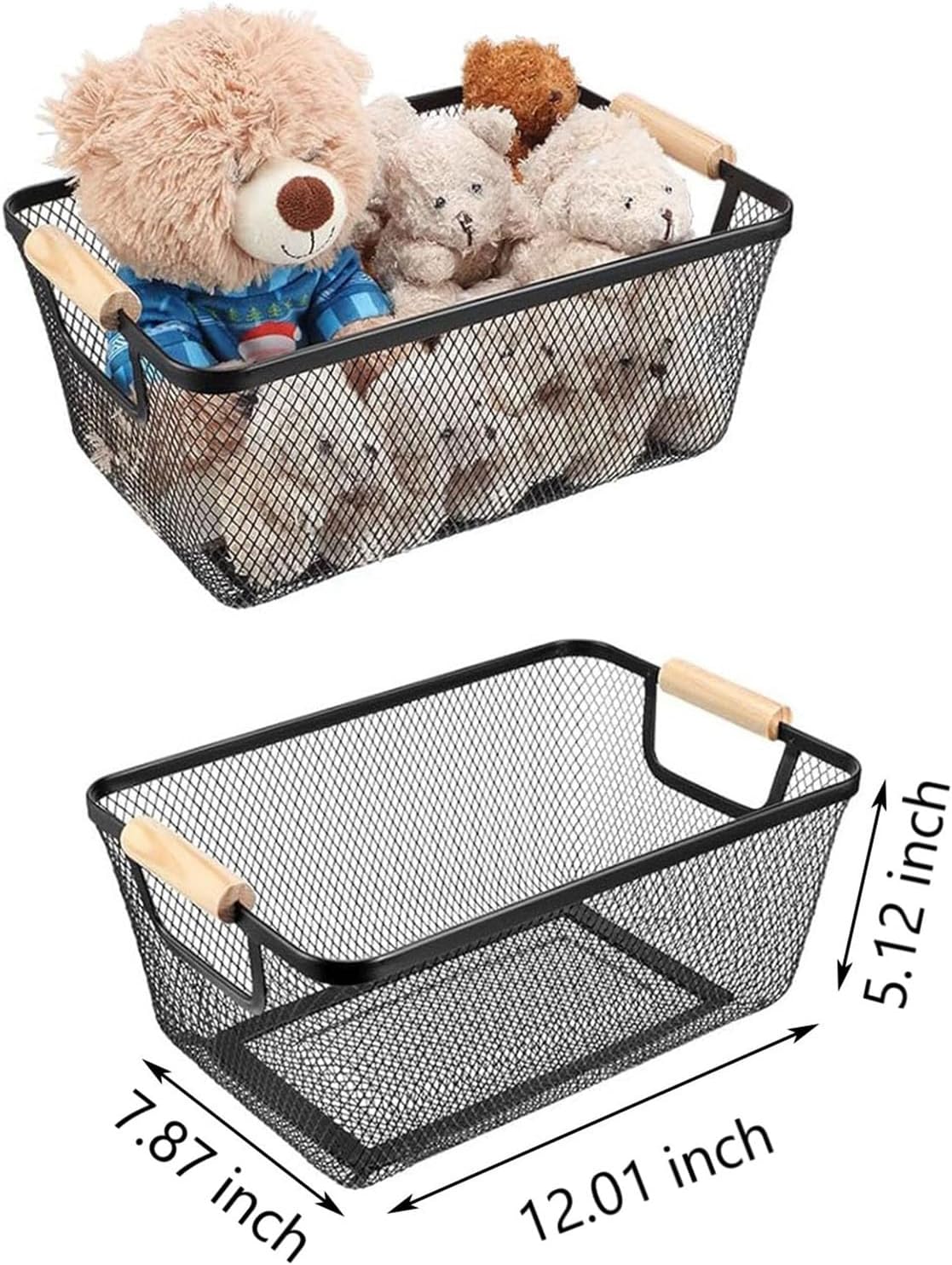 AJIODA Metal Mesh Steel Basket, Large Wire Storage Organizer Basket Multi-function Hanging Kitchen Baskets with Wood Handle for Kitchen Bathroom Picnic Home, Rectangle-Off White