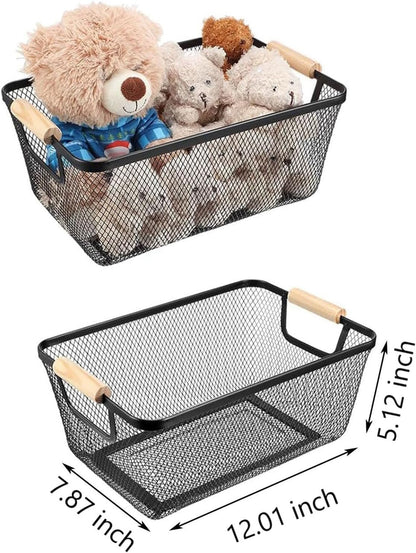 AJIODA Metal Mesh Steel Basket, Large Wire Storage Organizer Basket Multi-function Hanging Kitchen Baskets with Wood Handle for Kitchen Bathroom Picnic Home, Rectangle-Off White