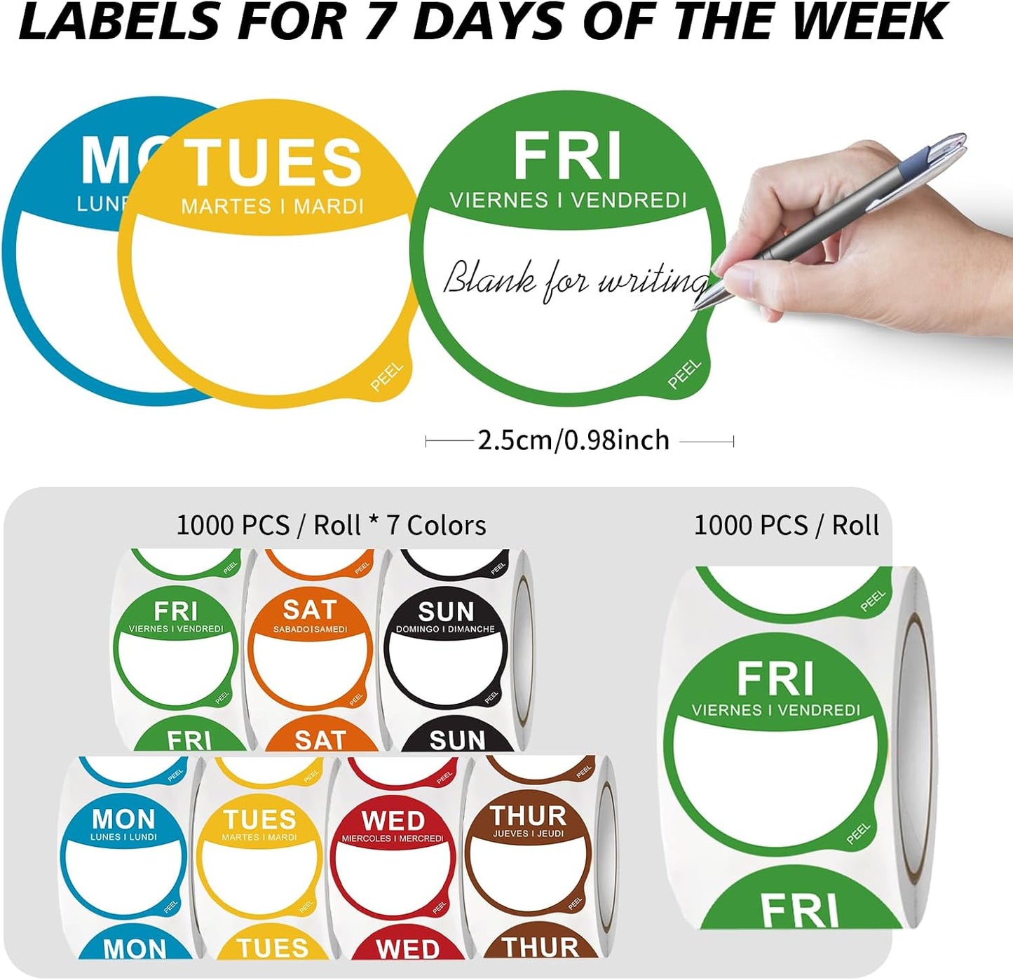 7000 Pcs 1 Inch Days of The Week Stickers, Removable Date Dots Food Labels Peel Tab(Mon-Sun) for Container Bottles, Kitchen Freezers, Restaurant Inventory Management Supplies(1000 pre-Cut per roll)