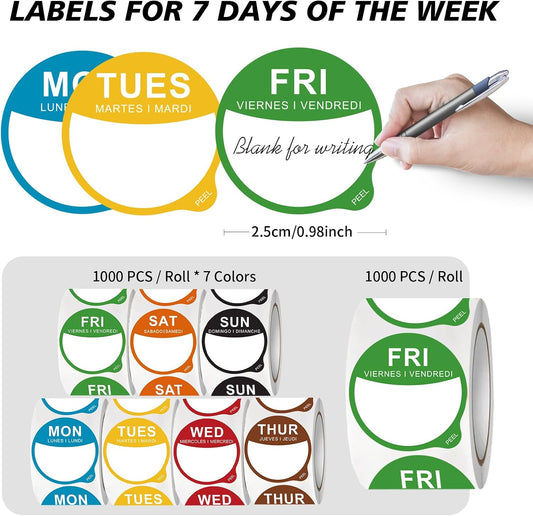 7000 Pcs 1 Inch Days of The Week Stickers, Removable Date Dots Food Labels Peel Tab(Mon-Sun) for Container Bottles, Kitchen Freezers, Restaurant Inventory Management Supplies(1000 pre-Cut per roll)