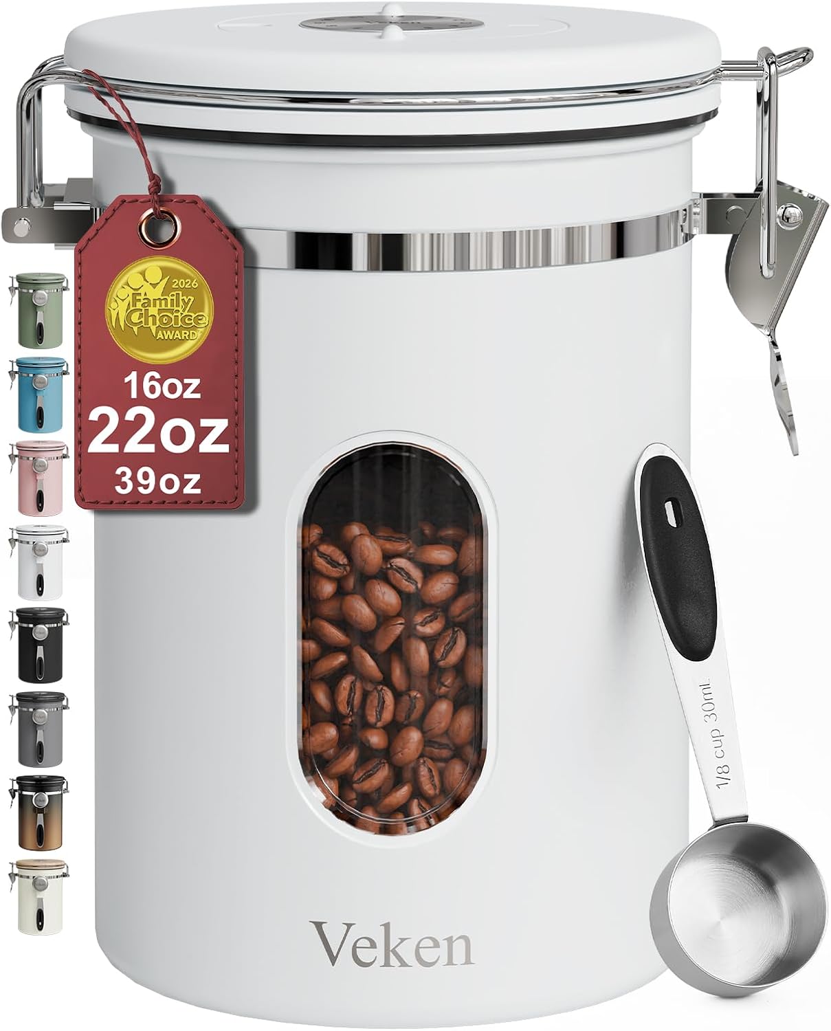Veken Coffee Canister with Window, Family Choice Awards Winner, Airtight Stainless Steel Home Kitchen Food Storage Container with Lids for Grounds, Beans, Tea, Flour,Cereal,Sugar Jars,Scoop,16OZ,Black