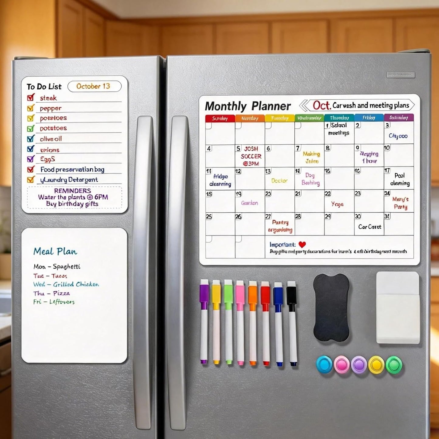 UCMD Monthly Magnetic Dry Erase Calendar Whiteboard Set (4-Pack) for Fridge,Reusable Monthly and Weekly Planners with List & Blank Board,8 Markers,1 Eraser,1 Magnetic Storage Box and 5 Magnets