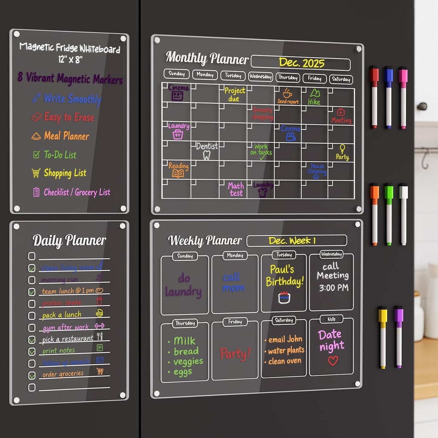Grtard 3 Pack Acrylic Calendar for Fridge, Magnetic Calendar for Refrigerator, 16"x12" Dry Erase Whiteboard Fridge Calendar,2026 Clear Monthly Weekly Daily Memo Planning Board with 8 Markers