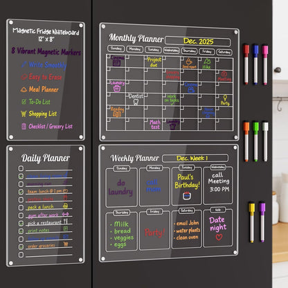 Grtard 3 Pack Acrylic Calendar for Fridge, Magnetic Calendar for Refrigerator, 16"x12" Dry Erase Whiteboard Fridge Calendar,2026 Clear Monthly Weekly Daily Memo Planning Board with 8 Markers