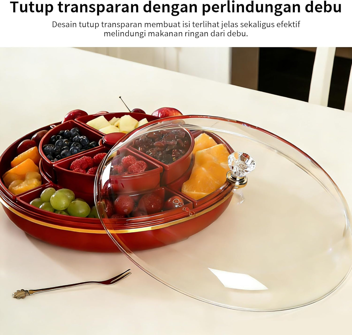 Large 8-Compartment Rotating Snack Tray with Lid, Food Grade PP Divided Serving Tray with Removable Dividers, 360° Spin for Party, Fridge Storage, Fruits & Nuts (Cream White)